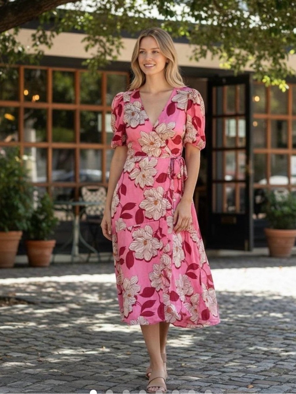 Draper James pink cream red floral wrap midi dress size Medium NWT Flowy Womans